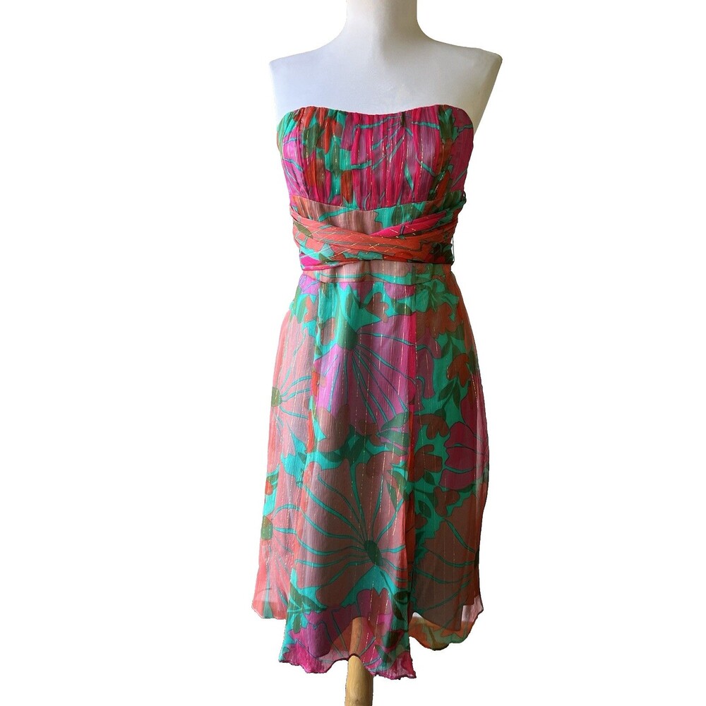 Nanette Lepore Silk Strapless Tropical Floral Chiffon Fit & Flare Dress 2 USA
